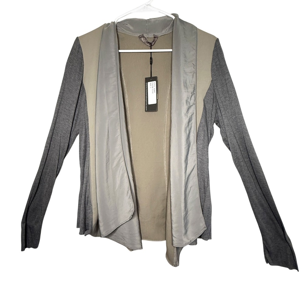 Lola & Sophie Jacket Large Gray Taupe Mixed Media Satin Draped Cardigan NWT